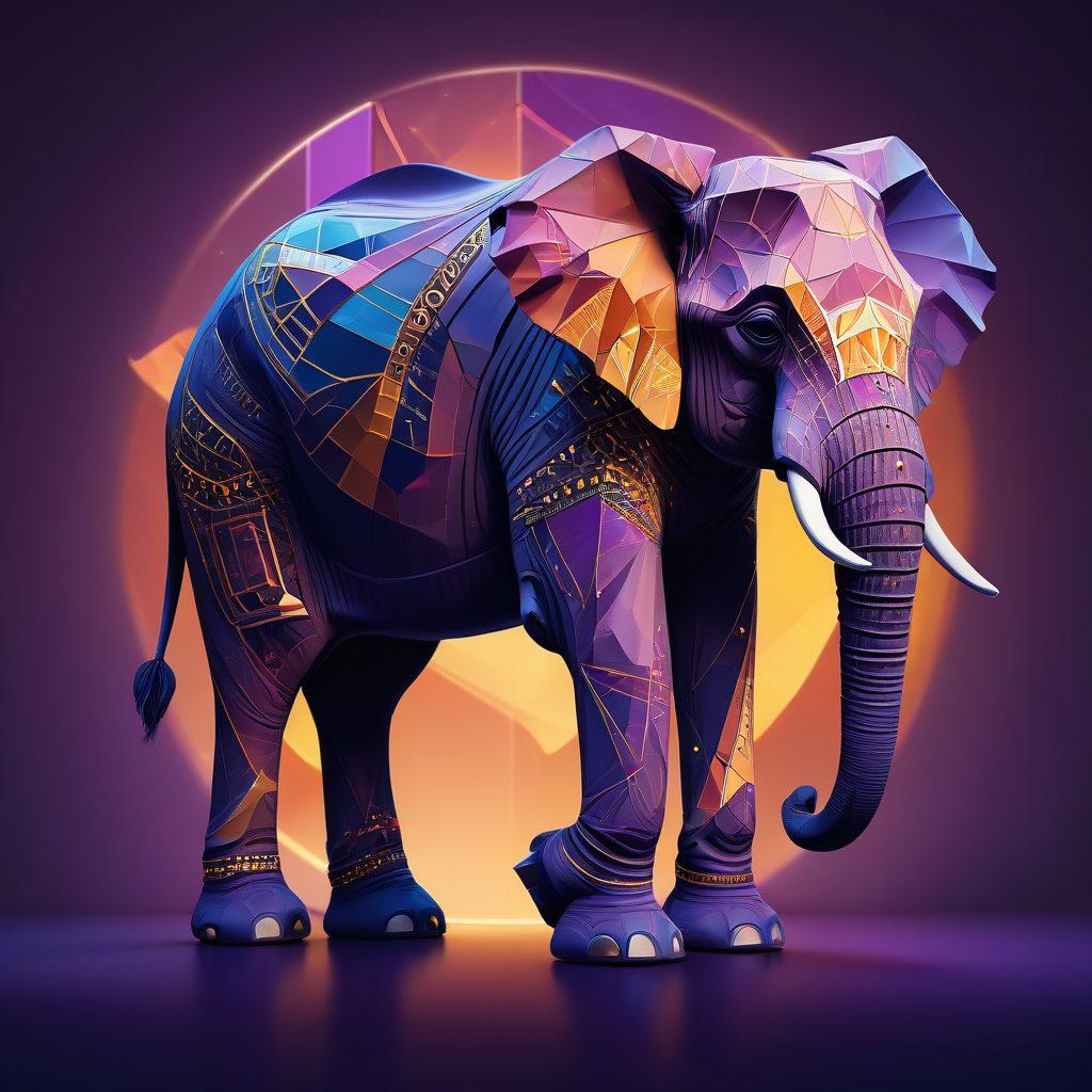 An abstract representation of an elephant symbolizing strength and wisdom, integrated with bold geometric patterns to signify modernity and innovation. Surround it with soft glowing lights and silhouettes of diverse characters enjoying a luxurious and artistic adult entertainment environment. The color palette should include rich golds, deep blues, and vibrant purples for an elegant touch. surrealism. vibrant colors. dynamic composition.