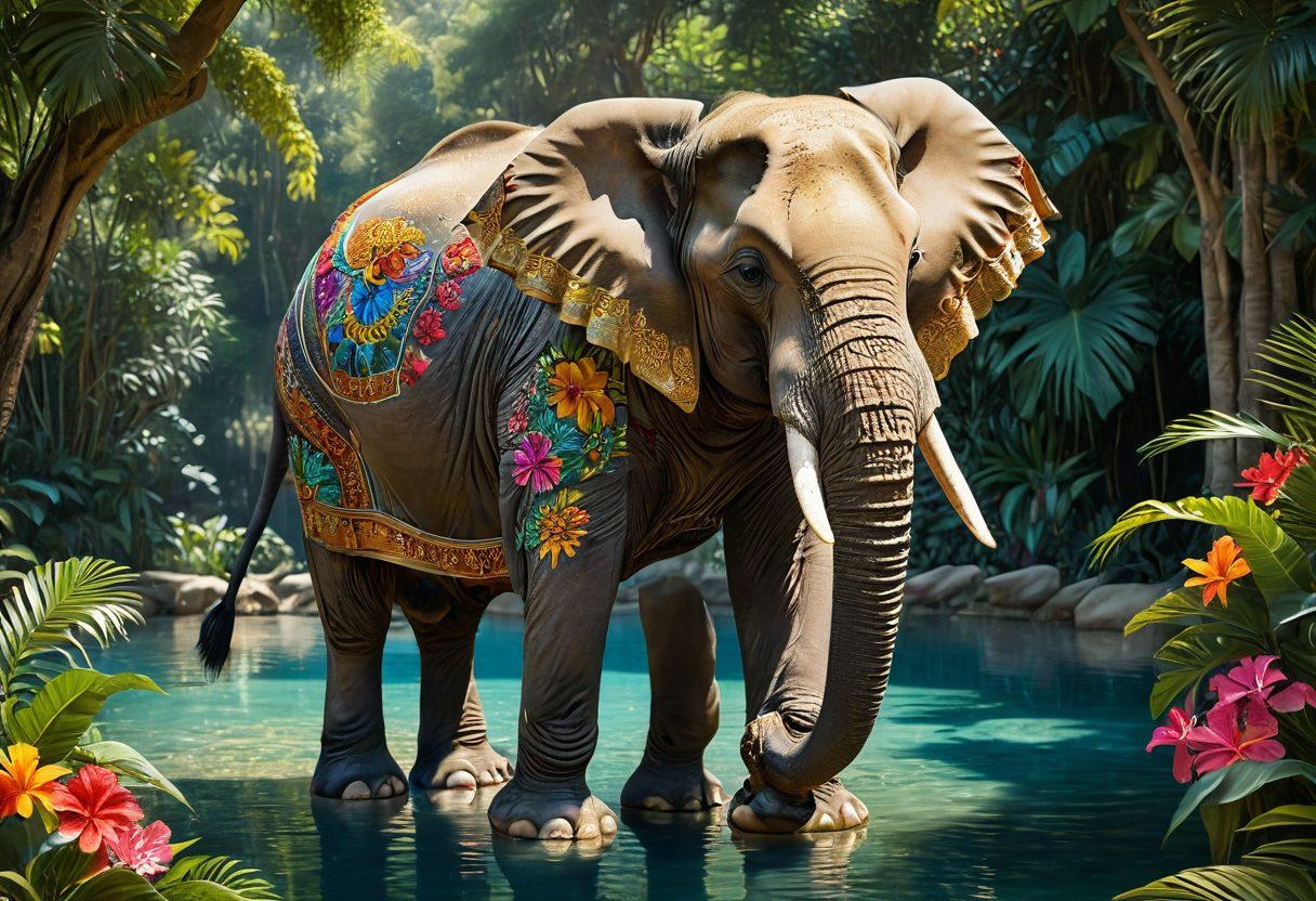A majestic elephant adorned with intricate gold jewelry and vibrant textiles, standing under a lush tropical canopy. Surround it with delicate flowers and a tranquil pool reflecting the elegance of its surroundings. Capture a sense of luxury and adventure in this moment. super-realistic. vibrant colors. tropical setting.