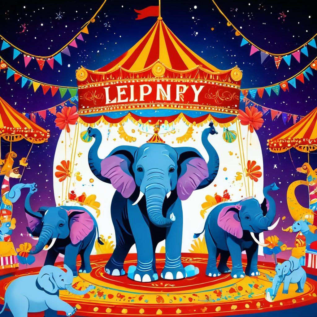 A whimsical and playful scene featuring vibrant, cartoon-like elephants engaging in various adult entertainment activities, such as dancing, playing games, and enjoying a circus atmosphere. The background should be filled with colorful banners and lavish decorations, creating a festive mood. Incorporate elements like gold accents and sparkles to emphasize luxury, with a touch of humor. The overall vibe should be fun and light-hearted, inviting the viewer to explore this unique content. vector art. vibrant colors.
